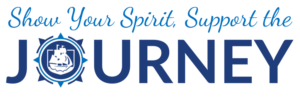 A logo featuring the phrase "Show Your Spirit, Support the Journey" in stylized blue text. The word "JOURNEY" is bold and capitalized, with a ship icon inside the "O." The ship is surrounded by a nautical compass design, symbolizing navigation and exploration. The overall color scheme is shades of blue, conveying a maritime theme.