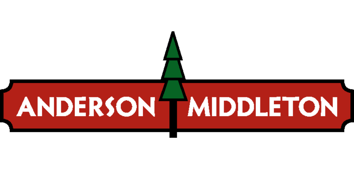 A logo for Anderson & Middleton Company featuring a red, rectangular sign with decorative black edges. The company name is displayed in bold, white capital letters, with "ANDERSON" on the left and "MIDDLETON" on the right. A stylized green tree with a triangular shape is centered between the words, symbolizing the company's connection to forestry or timber industries.