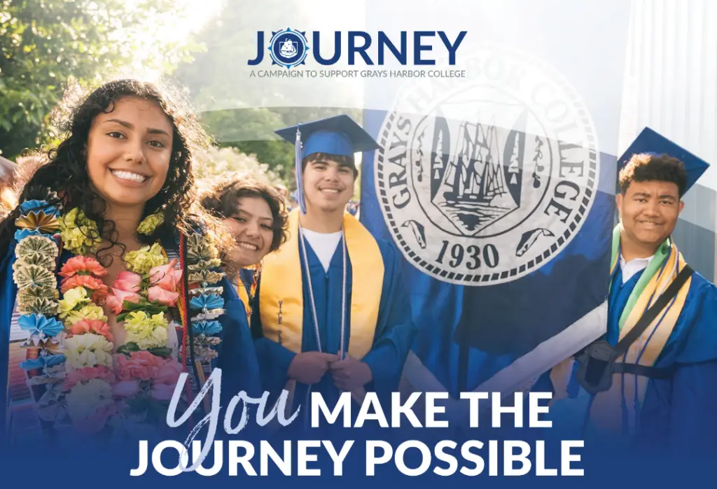 Three Grays Harbor College graduates in blue caps and gowns stand together holding a large college banner, with campaign text reading “You Make the Journey Possible.”